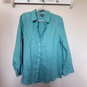 J Jill Teal Linen Women's Button Down Lightweight Top Size S Casual Resort Wear